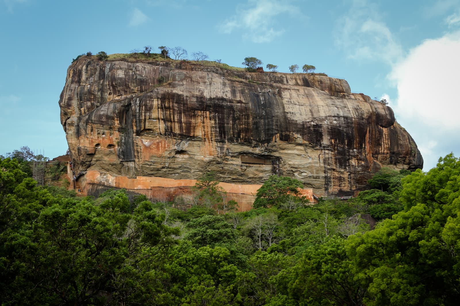 Die steilen orangeroten Wände des Löwenfelsens Sigiriya über dem Wald
